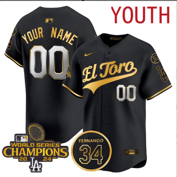 Youth MLB Los Angeles Dodgers Custom black 2024 World Series Champions Patch Cooperstown Jersey